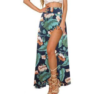 Boho Tropical Floral Print Tie Wrap Maxi Skirt‎ Leg Slit Flowy Skirt Cover Up